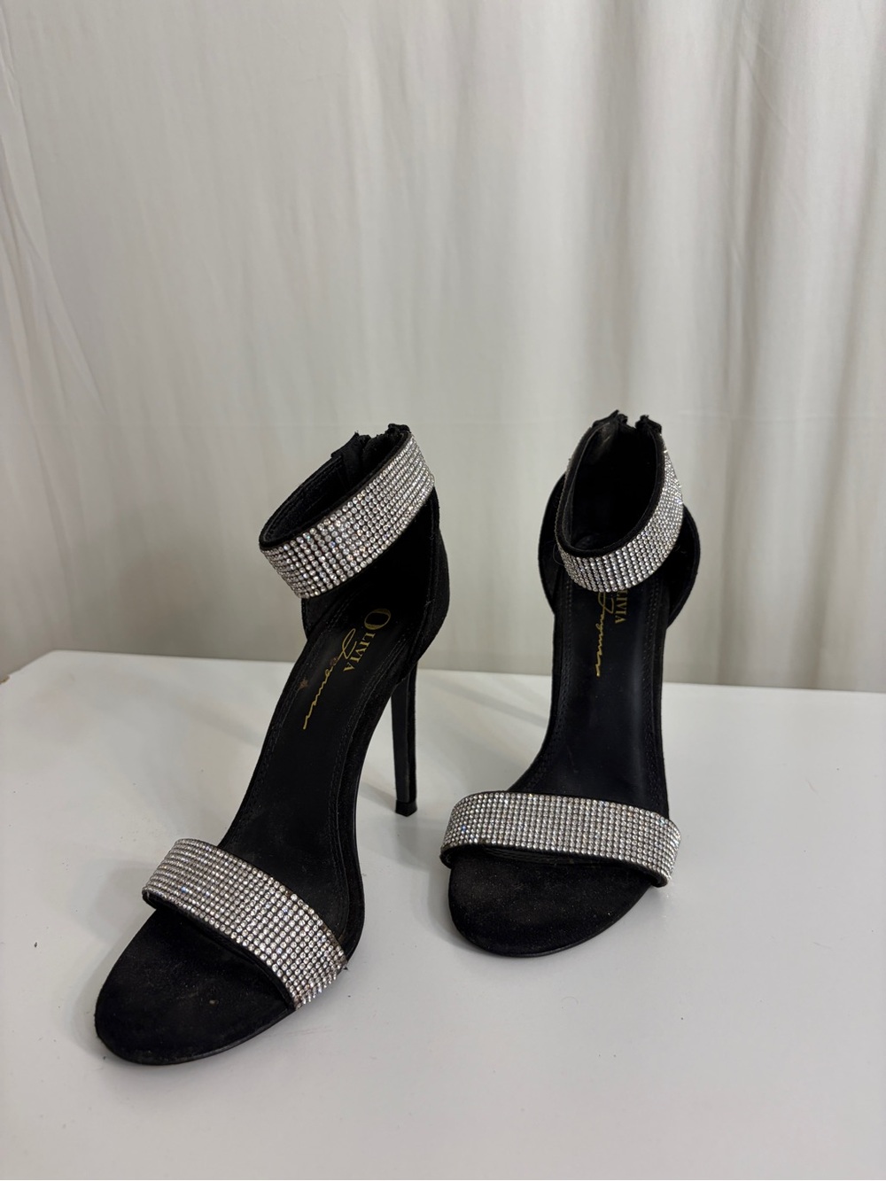 Black Rhinestone-Trim Ankle Strap Stiletto Heels